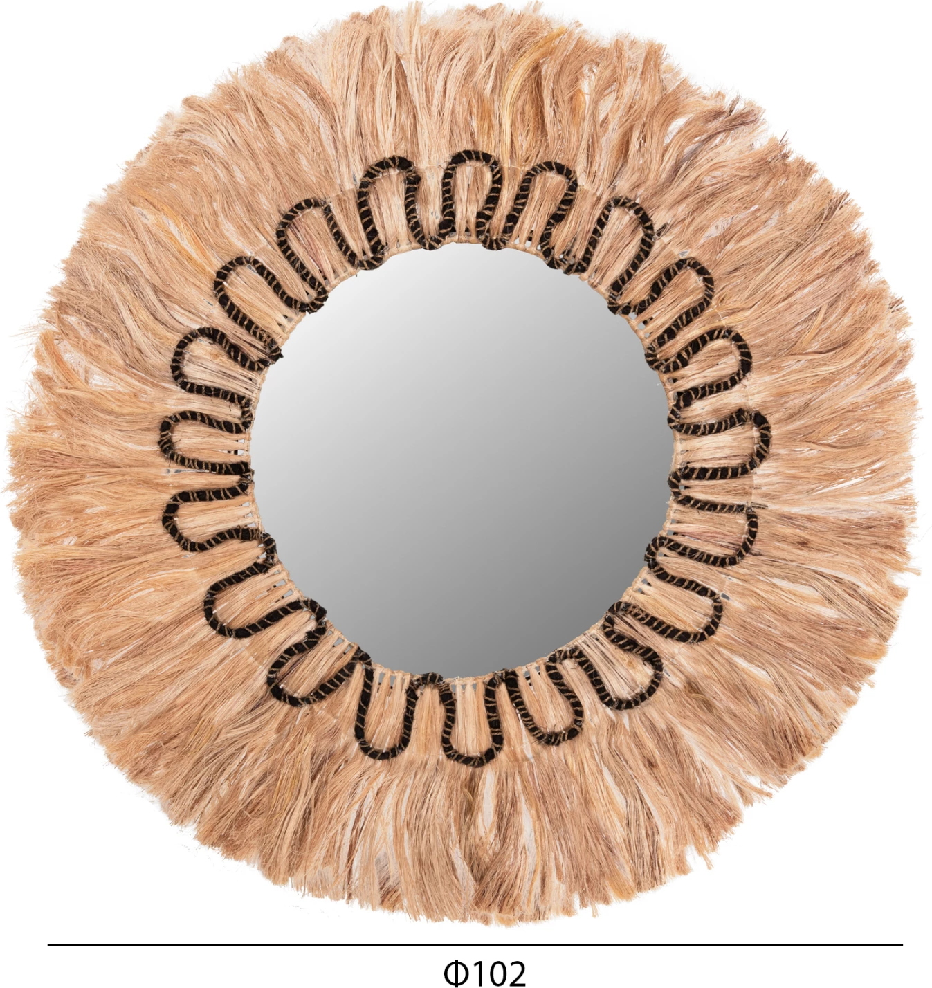 Okroglo ogledalo z okvirjem iz abaka vlaken naravne-črne barve Φ100cm