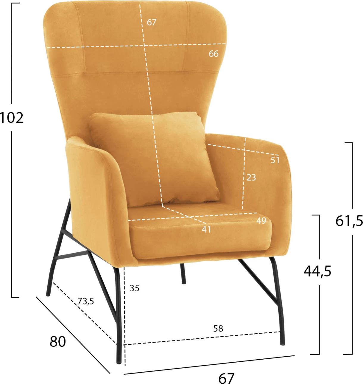 DANIA naslanjač, žamet zlata, kovinska črna noga FH8721.09 67x80x102 cm