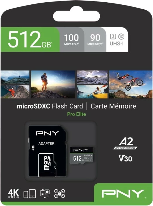 MicroSDXC kartica PNY P-SDUX512U3100PRO-GE, 512 GB, U3 A2 V30, do 100 MB/s branja in 90 MB/s zapisovanja