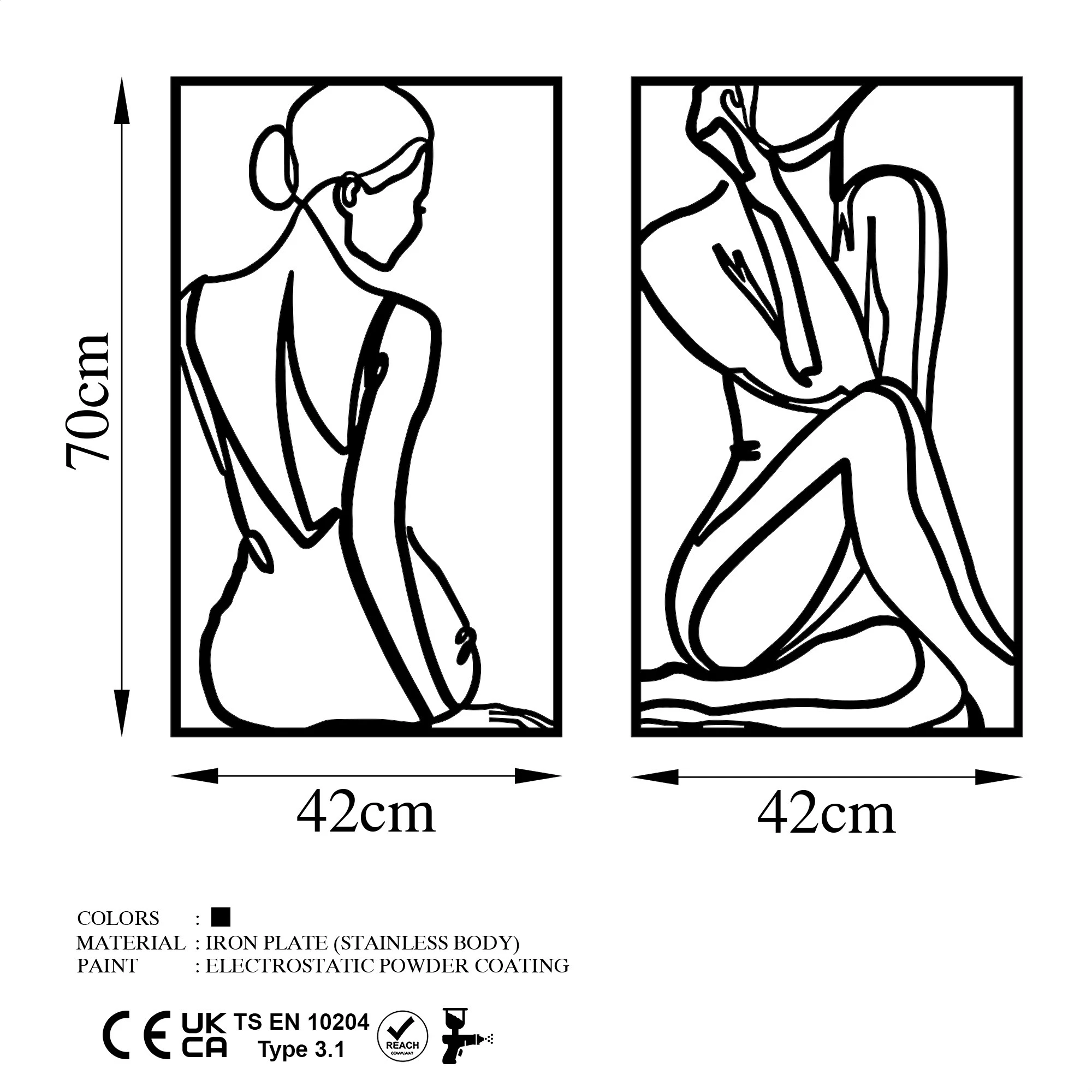 Dekorativni kovinski stenski okras, minimalistično žensko telo, 2 kosa