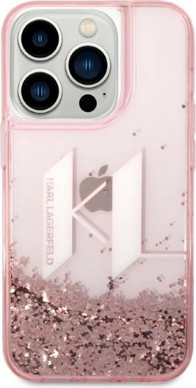 Zaščitni etui z bleščicami v tekočini, Karl Lagerfeld Liquid Glitter Big KL za iPhone 14 Pro 6.1", roza