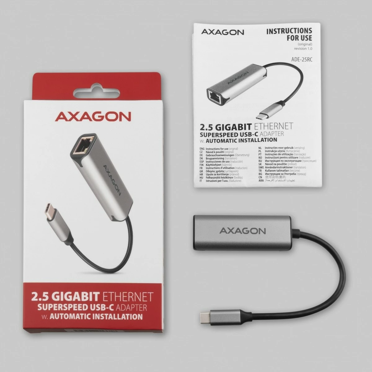 Omrežna kartica AXAGON ADE-25RC, 2,5 Gigabit Ethernet, USB-C 3.2 Gen 1, siva