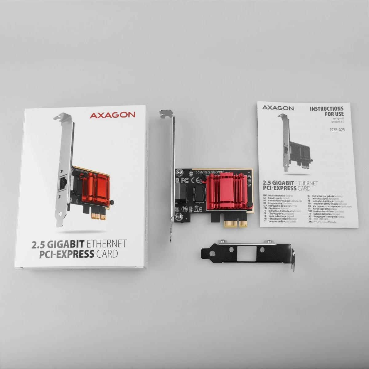 Omrežna kartica AXAGON PCEE-G25, PCIe, 2,5 Gigabit Ethernet, 1x RJ-45, Realtek RTL8125B, s standardnim in nizkoprofilnim nosilcem