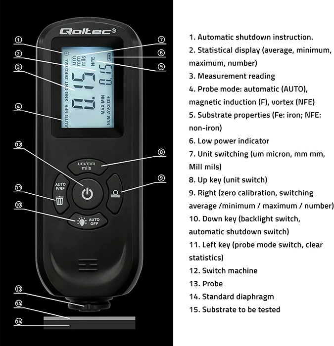 Merilec debeline barve Qoltec 50646, osvetljen LCD, 0–2000 μm, črn