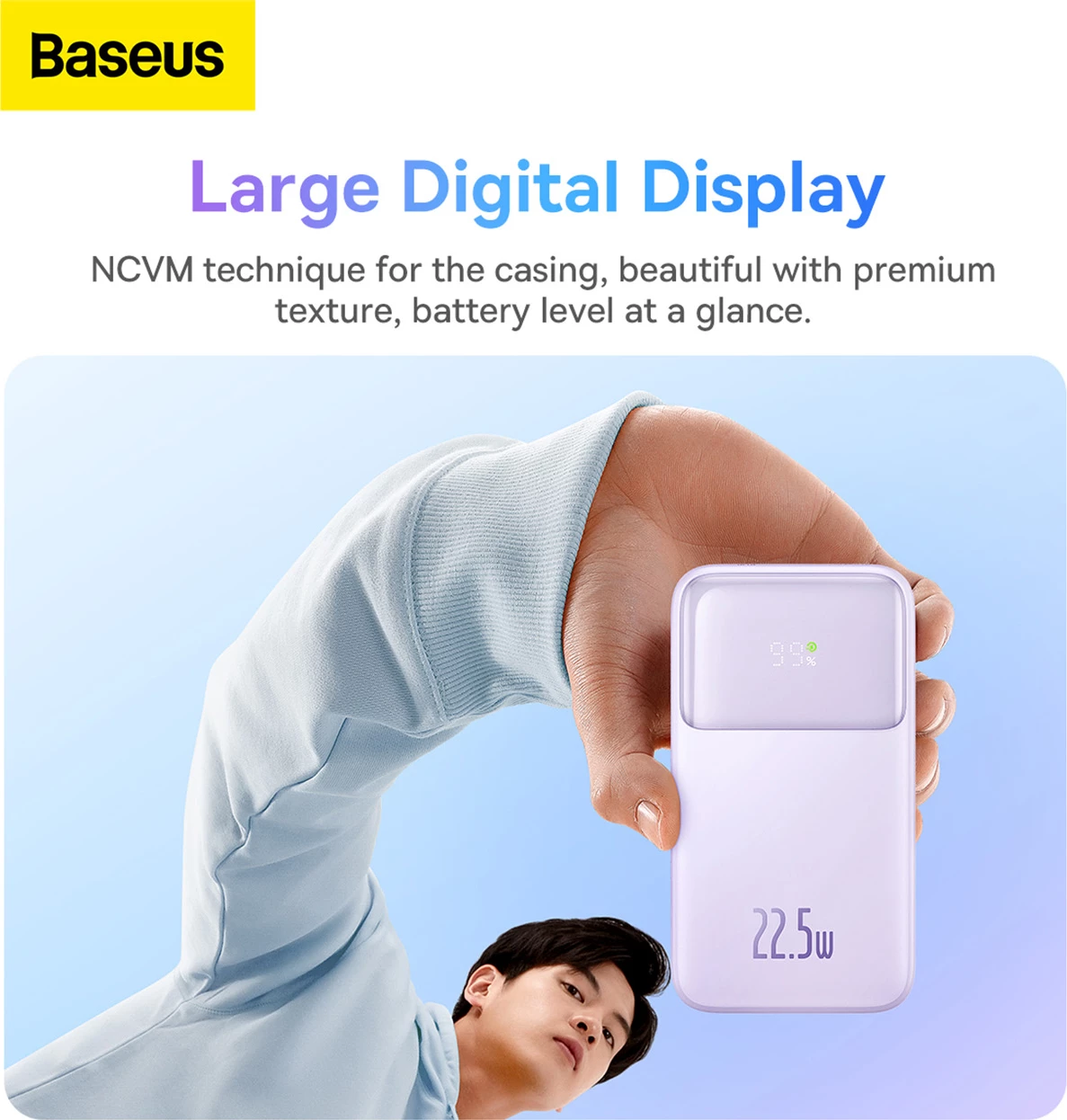 Powerbank z zaslonom, 10.000 mAh, 22,5 W, vijoličen — Baseus Comet Series PPMD020005 + kabel USB-A/USB-C