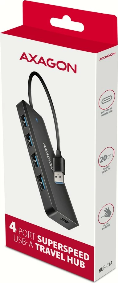 Razdelilec USB, AXAGON HUE-C1A, 4 vrata USB 5Gbps, USB-C napajanje, 19 cm kabel, črn