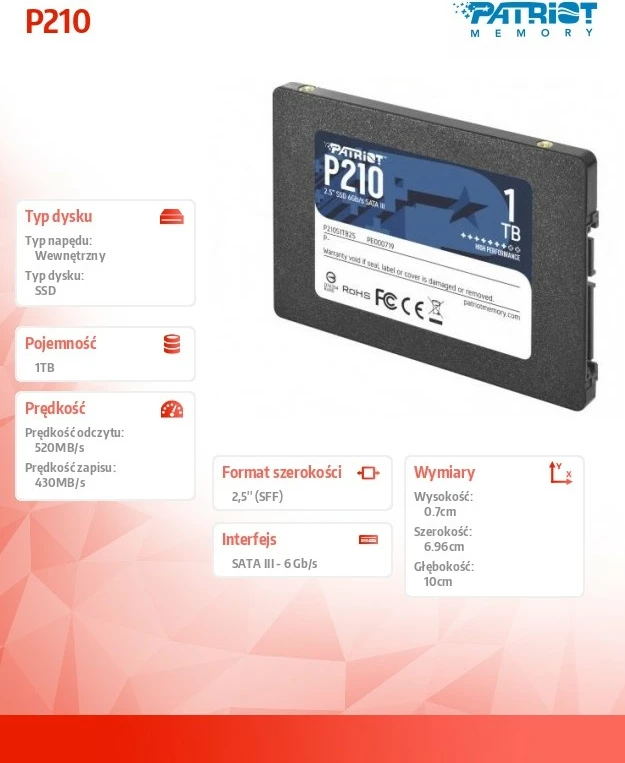 SSD, 1 TB, 2,5", SATA III, siv Patriot P210