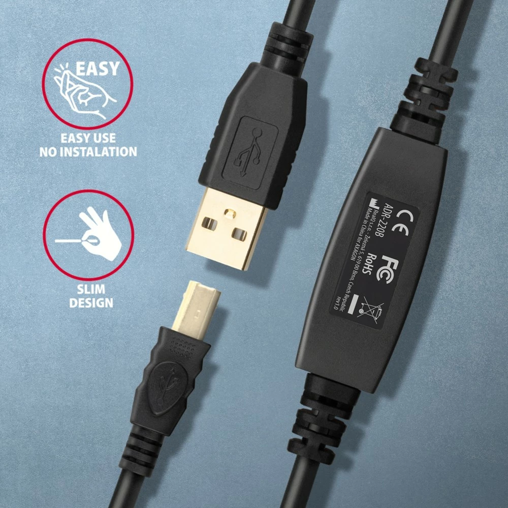 Aktivni USB 2.0 kabel, AXAGON ADR-220B, 20 m, za tiskalnik, črn