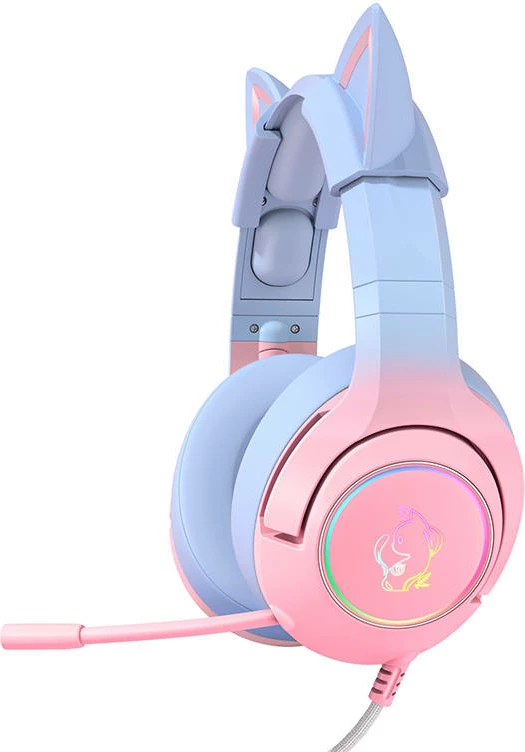 Gaming slušalke ONIKUMA K9 z mikrofonom, roza-modre, z mačjimi ušesi, RGB