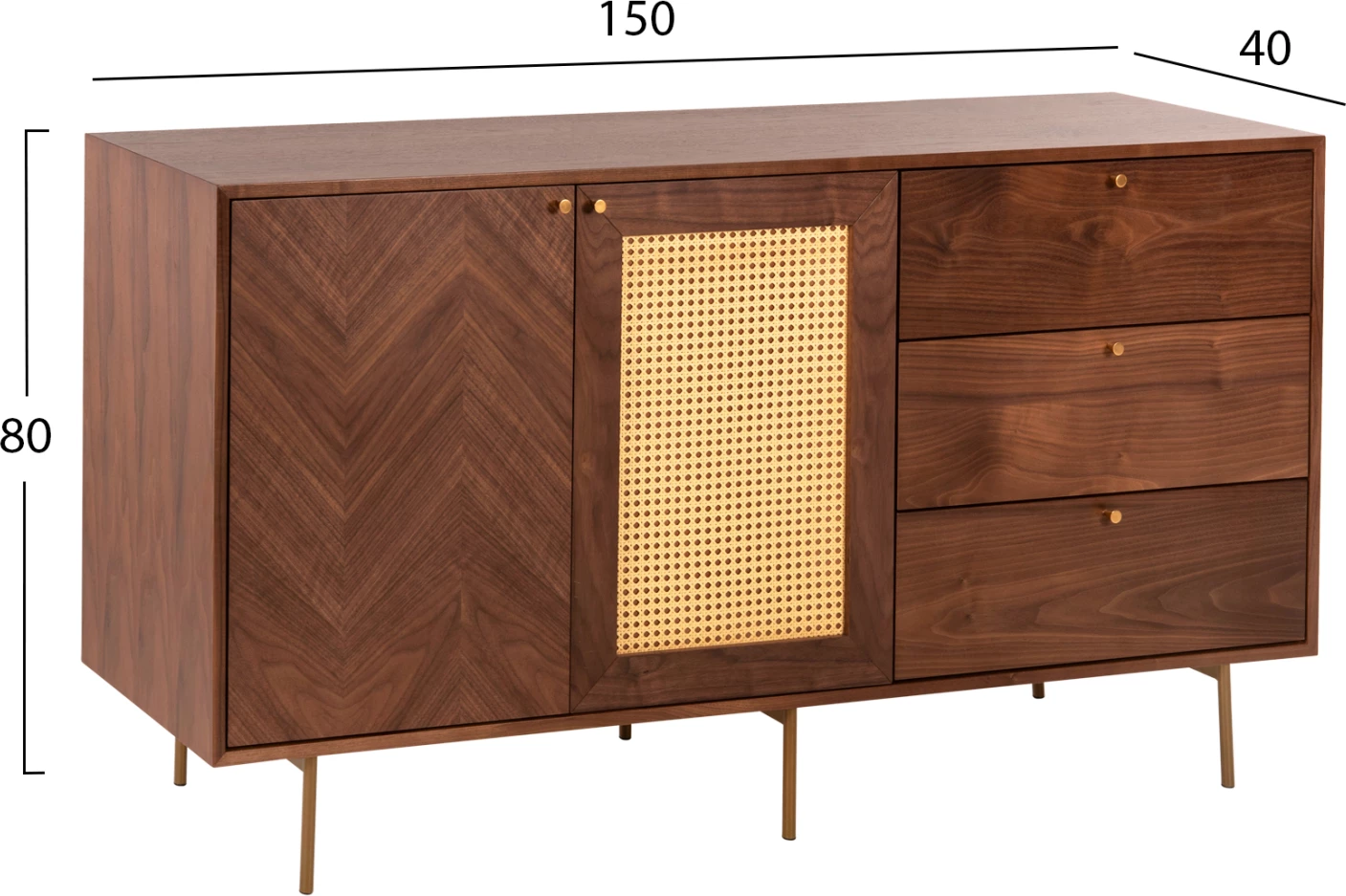 Bife MEEN FH9735 MDF z naravnim orehovim furnirjem-zlate kovinske noge 150x40x80Hcm