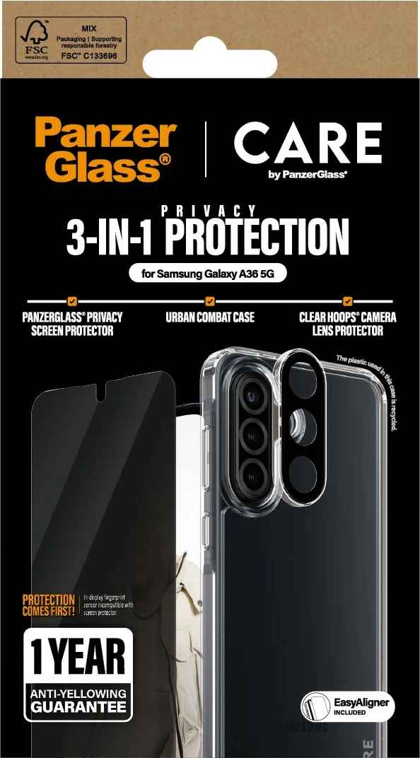 Množična zaščita 3-v-1 za Samsung Galaxy A36 5G, prozorna - PanzerGlass CARE Flagship