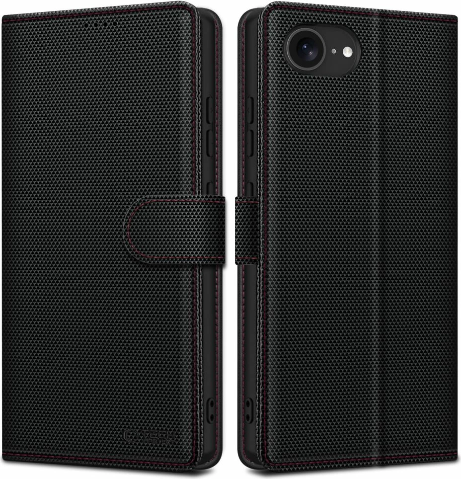 Ovitek za telefon Tech-Protect Wallet RS za iPhone 16e, eko-koža, črn/rdeč