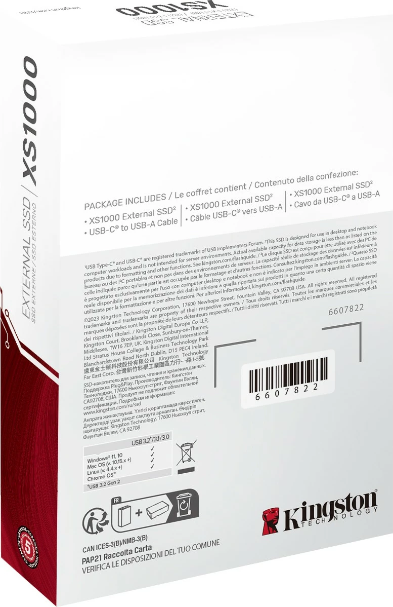 Zunanji prenosni SSD 1TB Kingston XS1000, USB 3.2 Gen 2, črn