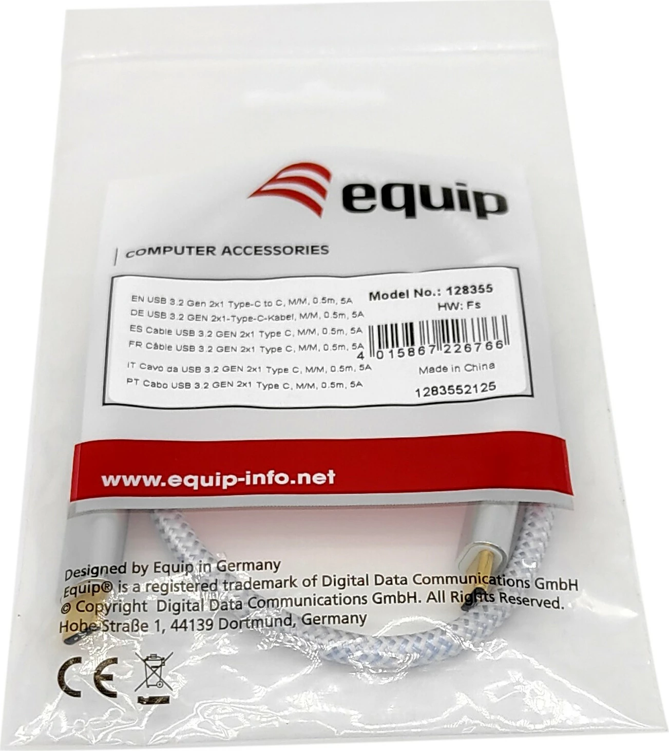 Kabel USB C na USB C Equip USB 3.2 Gen 2, 1 m, 100 W, srebrno/belo