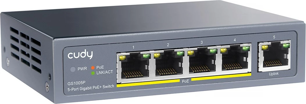 Gigabit PoE stikalo Cudy GS1005P, 5‑portno, sivo
