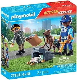 Igralni set s policijsko tematiko Playmobil Action Heroes 71731, policist, tat in sledilski pes, 27 kosov