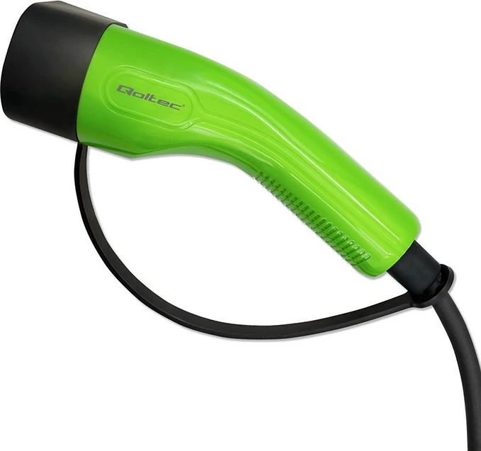 Stacion za polnjenje električnih vozil, Qoltec 52430, Type 2, 22 kW, 3-fazni, Wi‑Fi, LCD, RFID, 5 m, črno/zelena