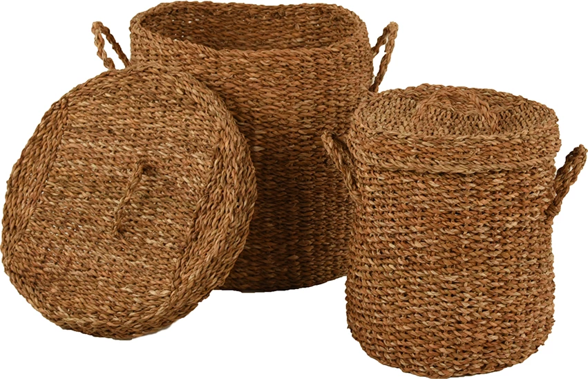 Set košar iz morskih trav s pokrovom, naravno, 2 kosa, 44x44x45