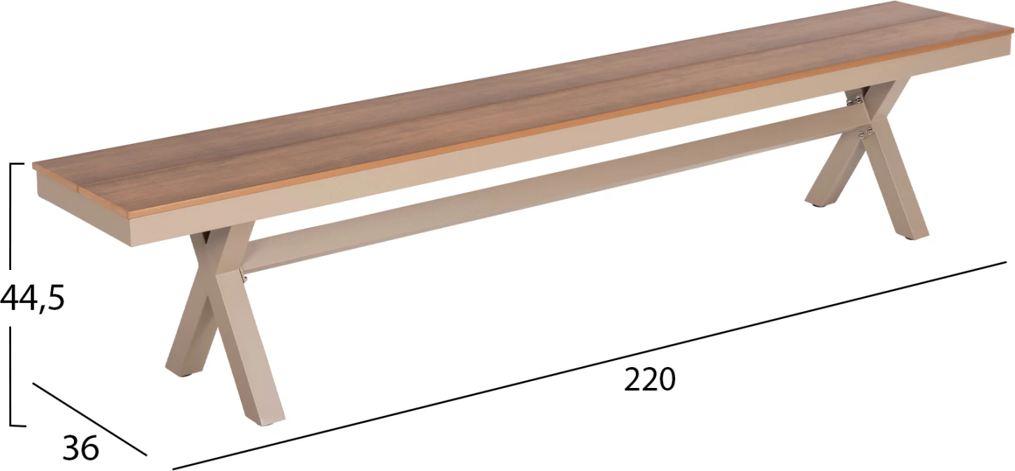 Aluminijasta klop TAWNEE FH6040.04 barva šampanjca - sedež iz polilesa v naravni barvi lesa 220x36x44,5Hcm