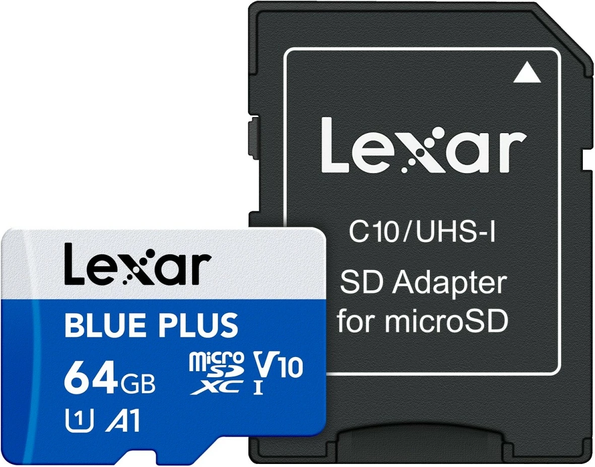 microSD kartica 64GB SDXC UHS-I, C10 A1 U1 V10 100 MB/s, modra — Lexar LMSBLPL064G-BNANG z SD adapterjem