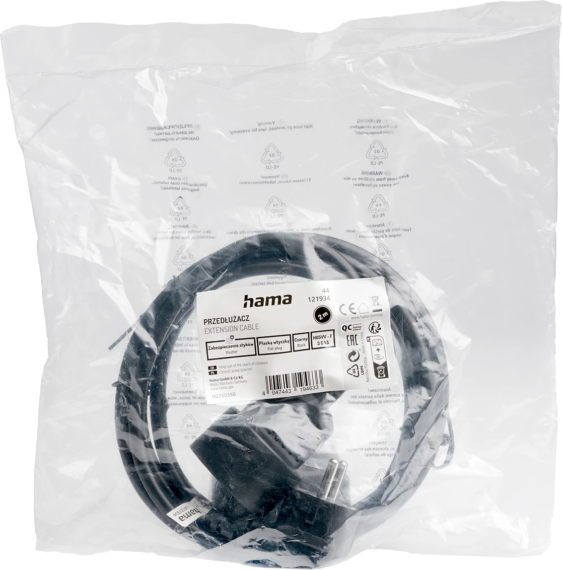 Zložljiv podaljšek 2 m Hama Standard, plastika, EU vtič, črn