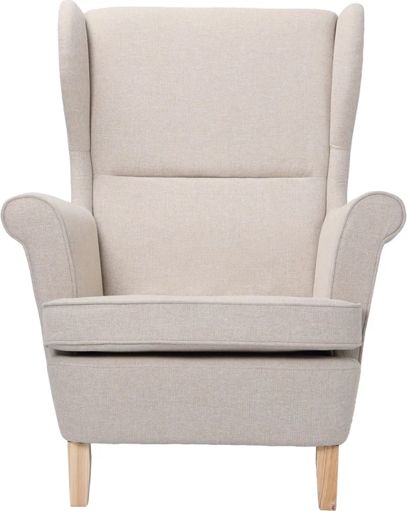 Bergère fotelj Malei, krem material, lesene noge, 85x93x100 cm