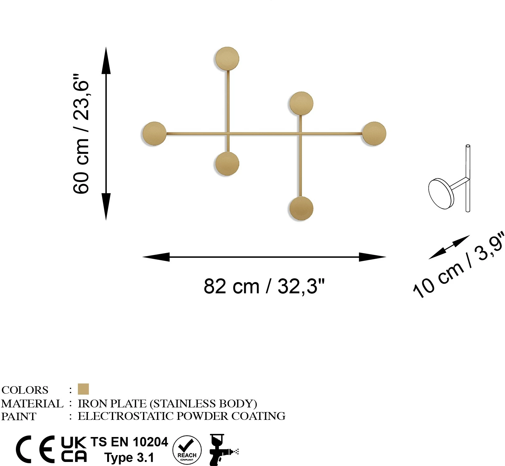 Kovinski stenski obešalnik Wallity Dama-A, zlata, 82 x 60 x 10 cm