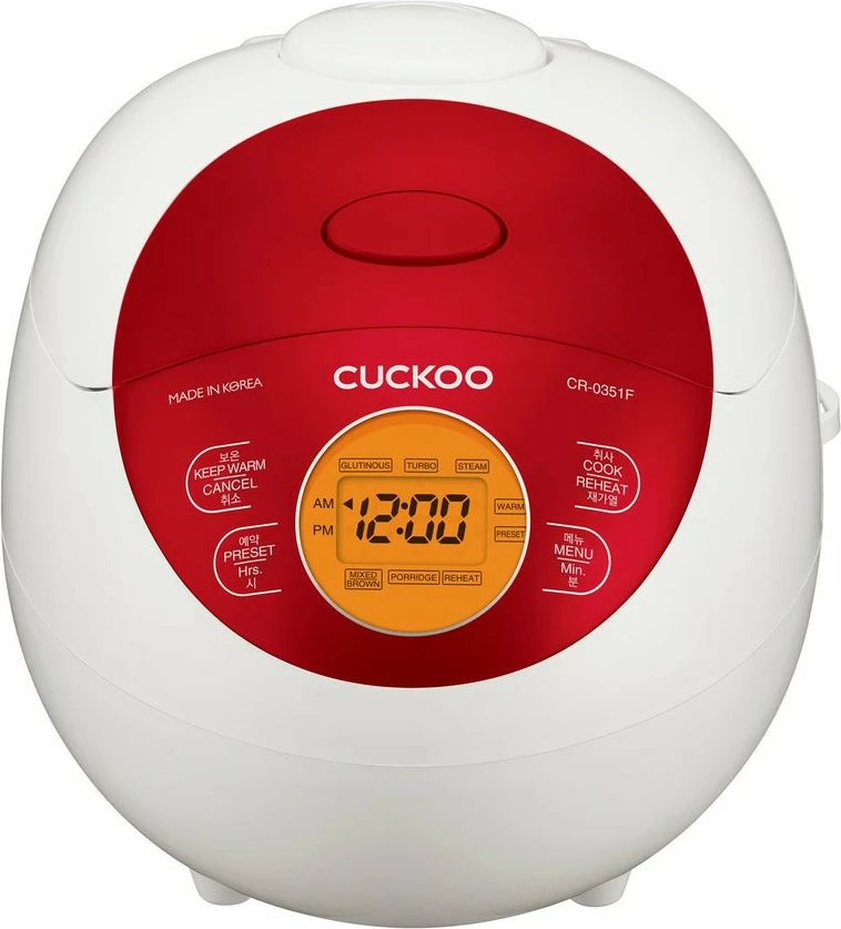 Električni kuhalnik riža Cuckoo CR-0351F, 0,54 L, LCD zaslon, rdeče/belo
