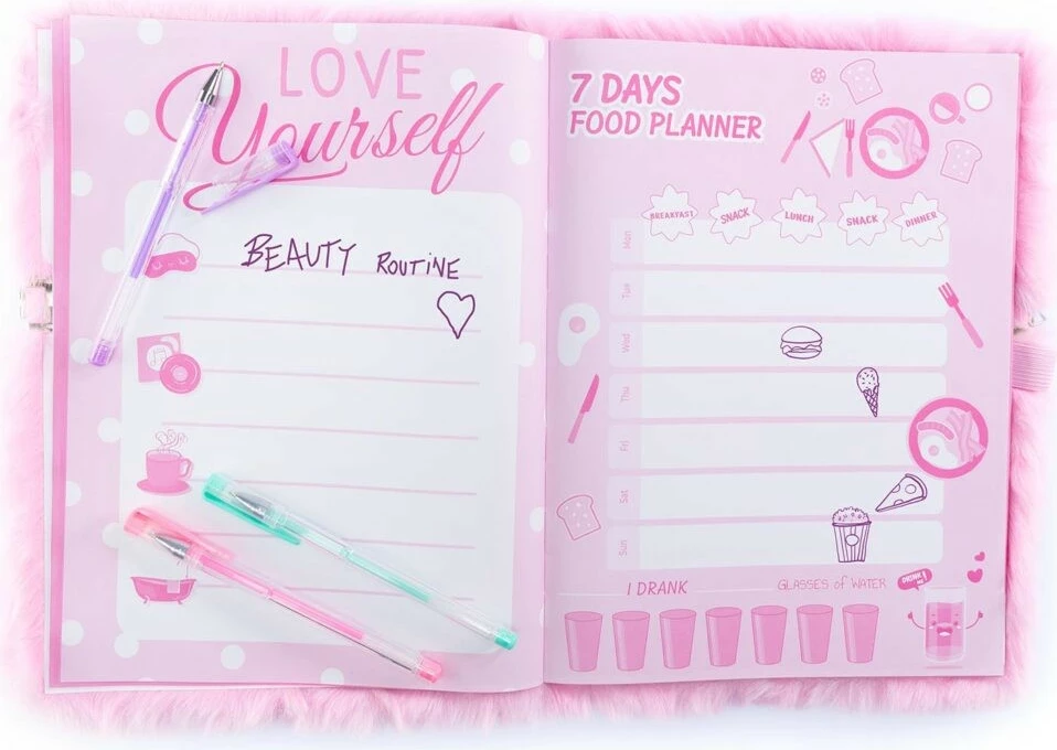 Maxi planer z motivom samoroga, ločljiva kozmetična torbica, 3 barvna pisala, rožnat Nice