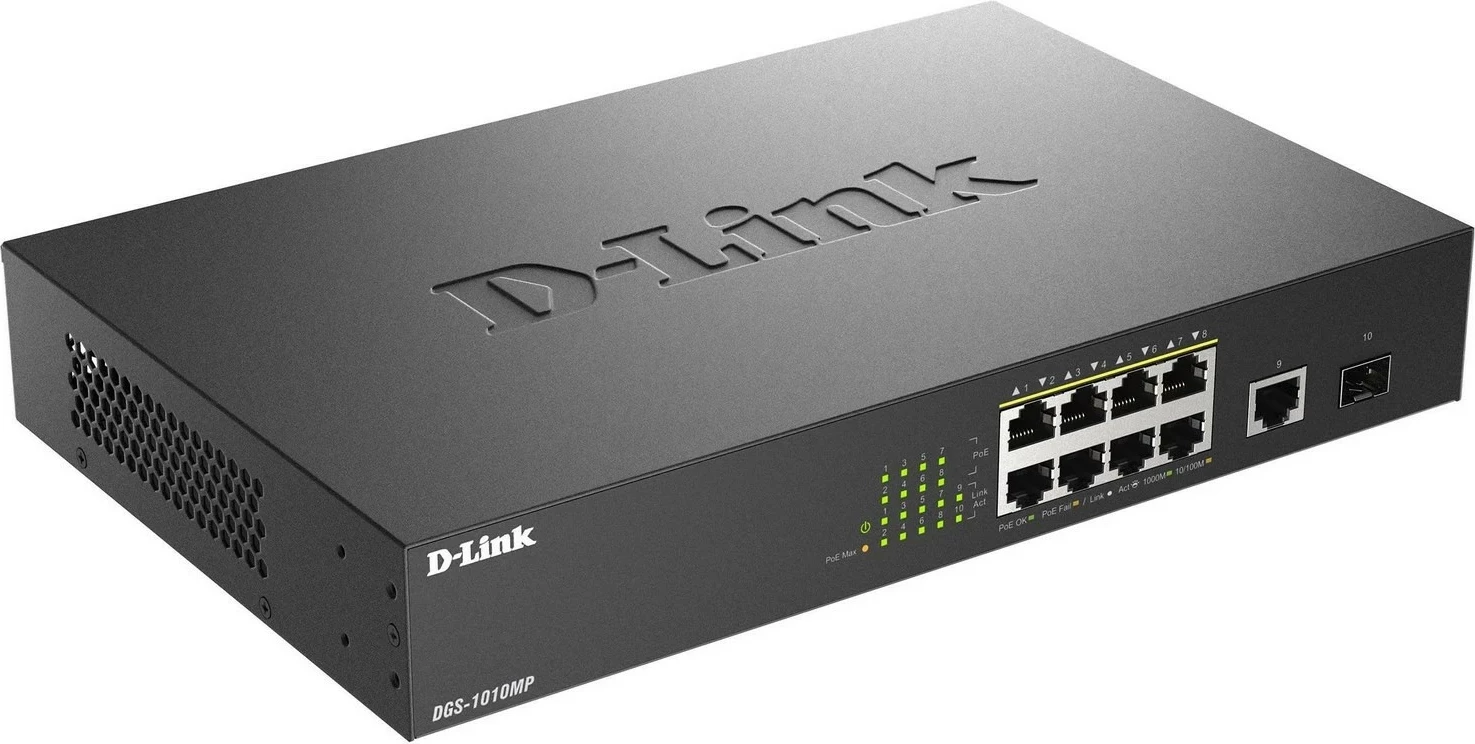 Stikalo z 9 Gigabit vrati, 8 PoE in 1 SFP, D-Link DGS-1010MP/E