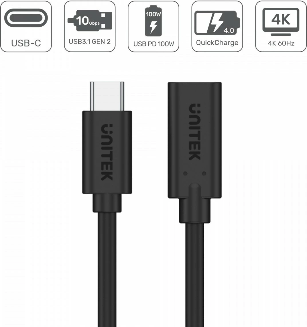 Podaljševalni USB-C kabel 0,5 m, USB 3.1 Gen 2, 100W, črn Unitek C14086BK