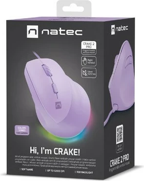Vertikalni miška Natec Crake 2 Pro, 12800 DPI, 6 tipk, vijolična