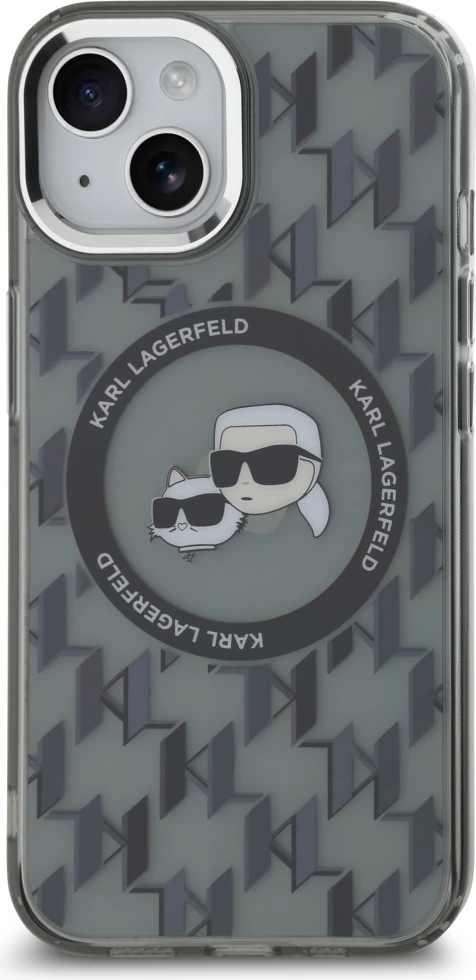 Ovitek Karl Lagerfeld IML Monogram Karl & Choupette Head MagSafe za iPhone 15 Plus, črn