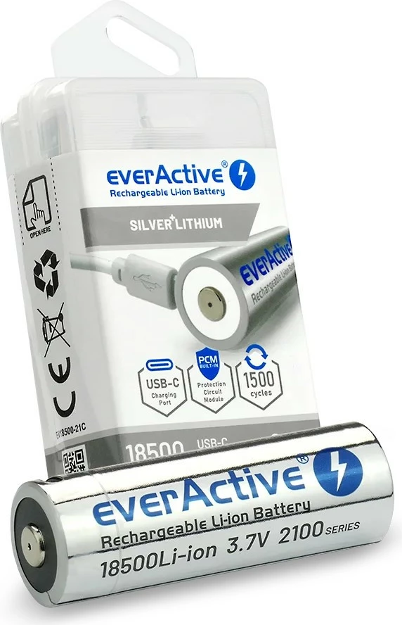 Polnilna baterija everActive 18500 Li-ion 3,7 V, 2100 mAh, USB-C, srebrna