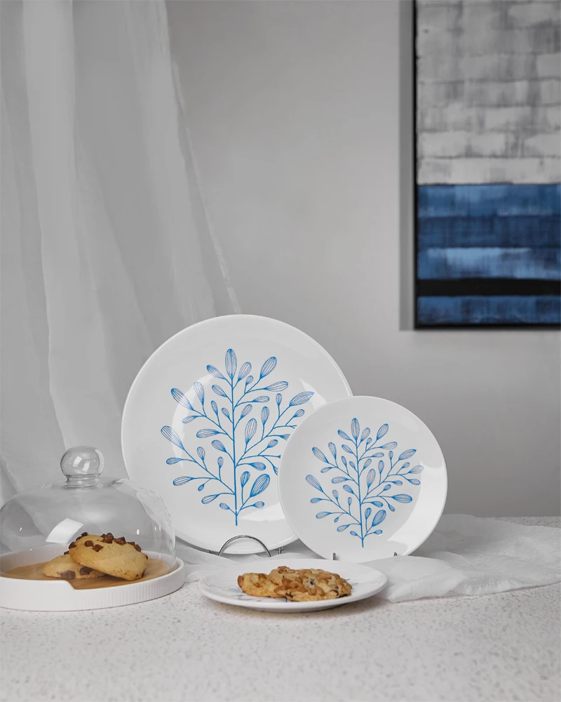 Set za sladice, Ydra, 7-delni, porcelan, bela in svetlo modra, 30x30x3 cm