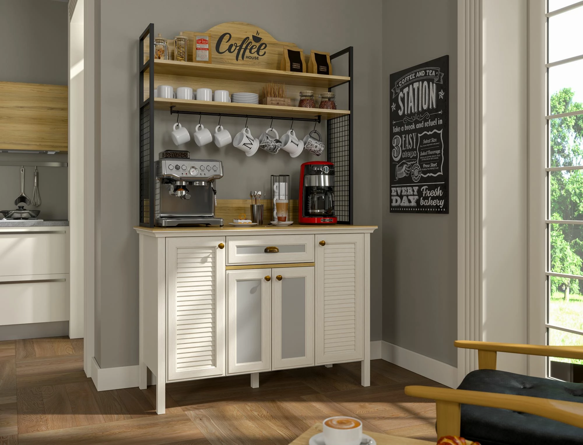 Omara za kavo, kremasta, hrast, črna Skye Decor FRN-21027