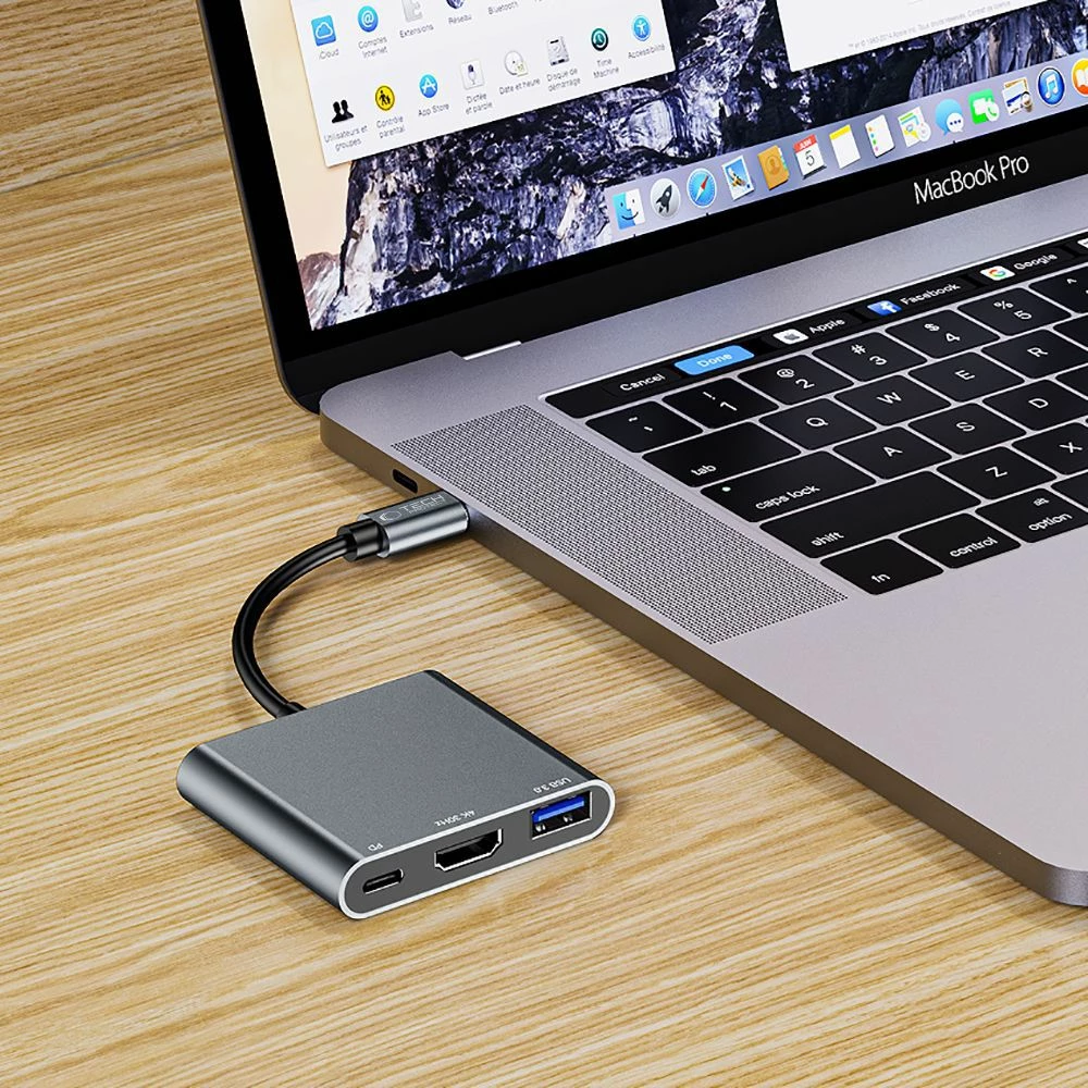 USB-C hub 3-v-1, USB-A 3.0, HDMI 4K 30 Hz, PD 100W Tech-Protect V1, siv