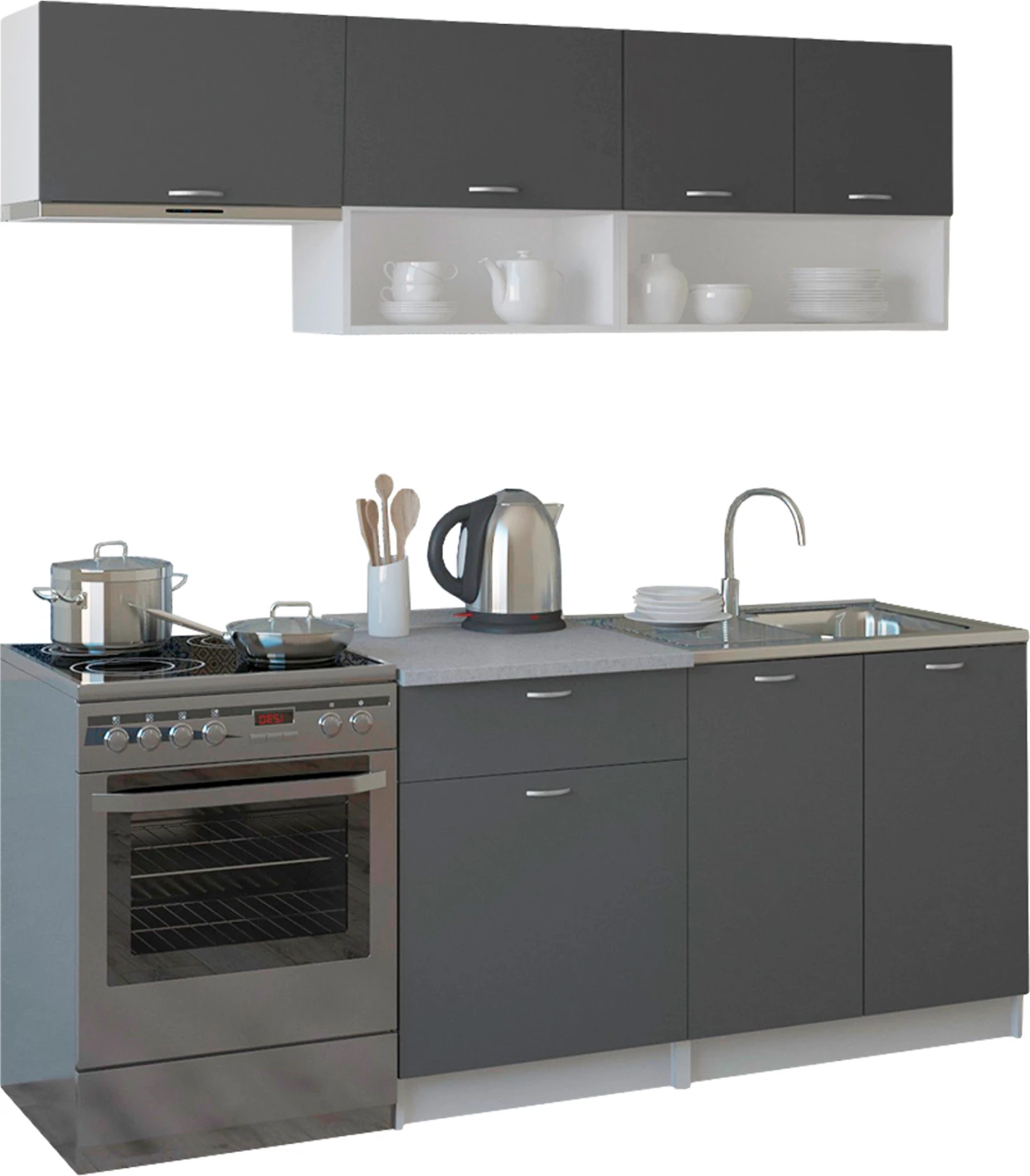 Kuhinjska kompozicija RODNEY FH2440.10 siva melamin z belo delovno ploščo 200x46-29,2 cm