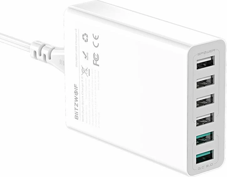 Polnilec 6 USB, QC 3.0, 60 W, BlitzWolf BW-S15, bel