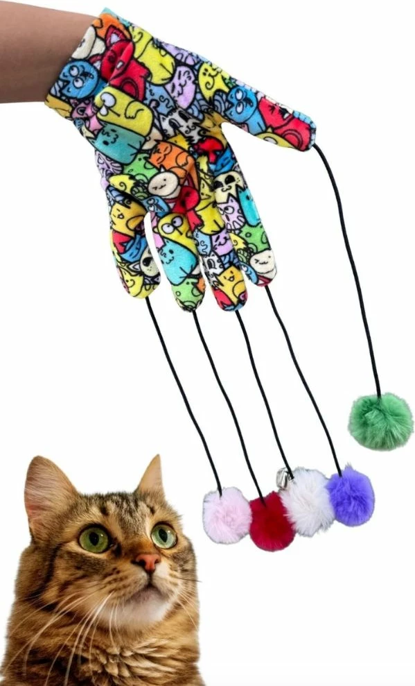Igrača za mačke, večbarvna rokavica s cofki, Paws & Whiskers, Miyav 1017
