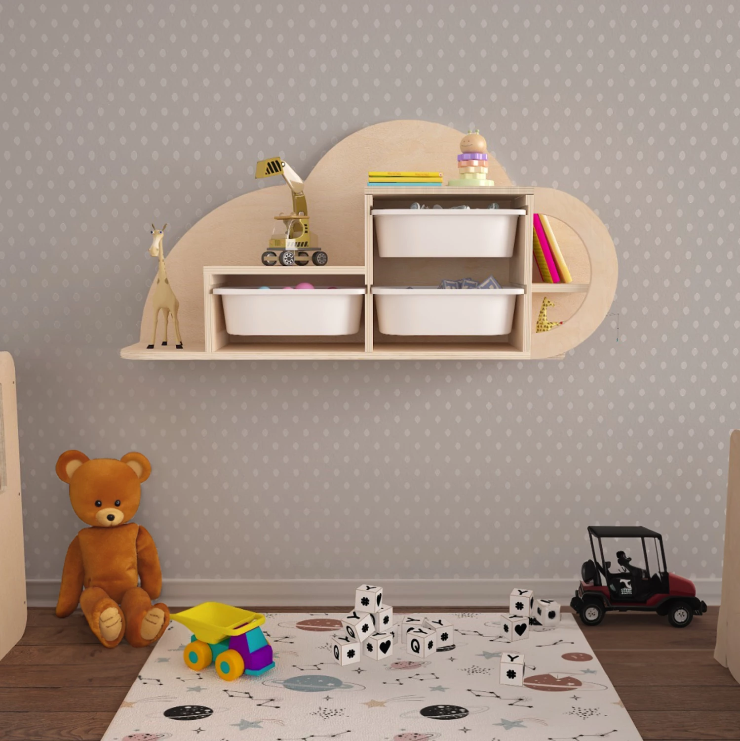 Stenska polica COBB FH18227.03 iz breze v naravni-svetlo modri barvi s plastičnimi predali 98x22,5x48,5H cm