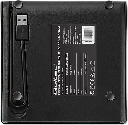 Zunanji ohišje za CD/DVD Qoltec 51865, USB 3.0, SATA, 9,5 mm, črno