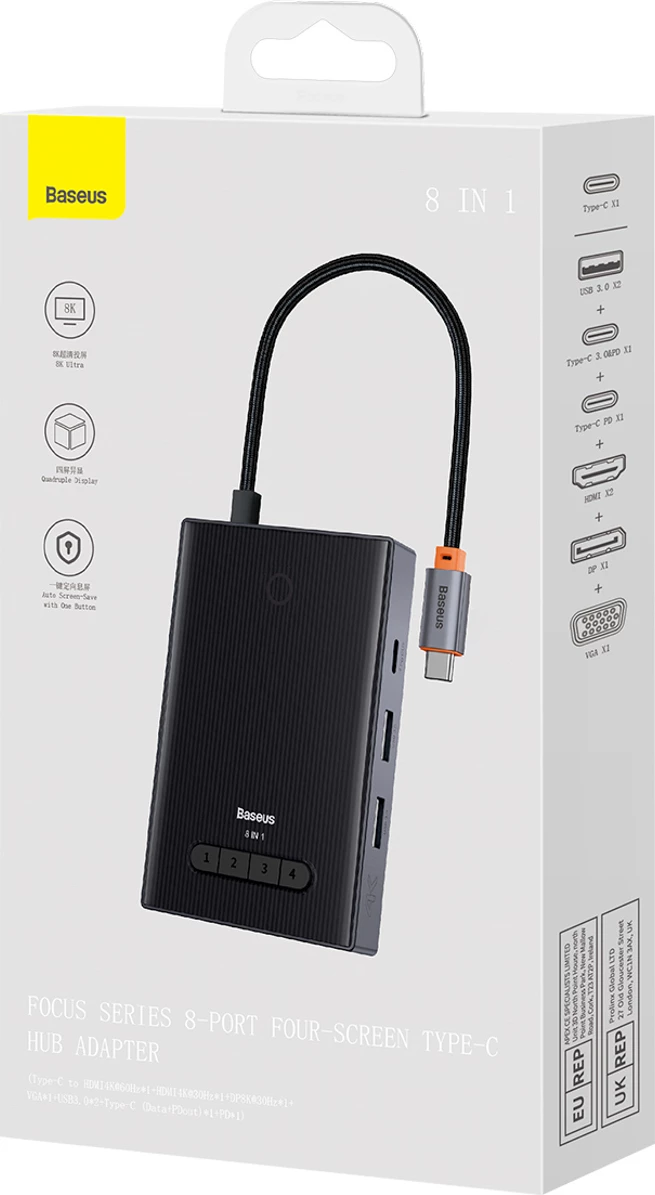 Računalniško ohišje 8-v-1 USB-C hub Baseus PioneerJoy, HDMI 4K@60Hz, DisplayPort 8K@30Hz, VGA, 2x USB-A 3.0, 2x USB-C, siv