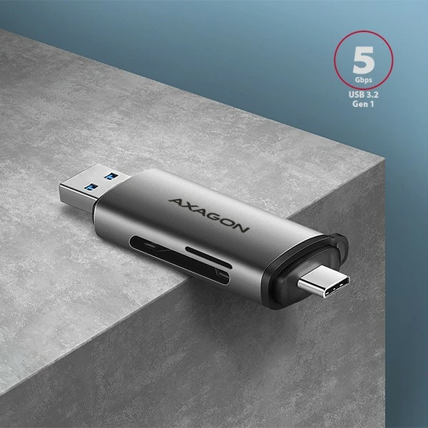 Bralnik kartic AXAGON CRE-SAC, USB 3.2 Gen 1, Type-C + Type-A, siv