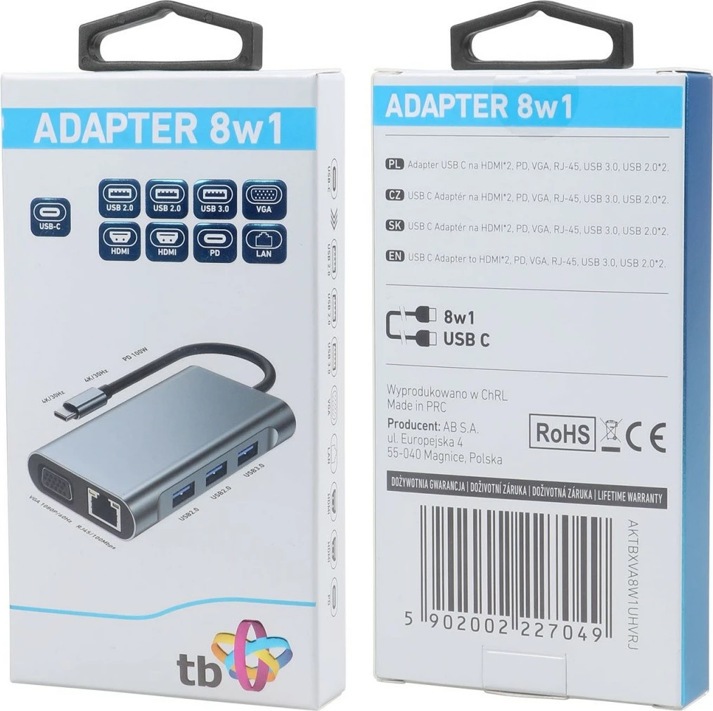 HUB adapter USB-C 8-v-1, HDMI x2, VGA, RJ45, 3x USB, Power Delivery, grafit TB AKTBXVA8W1UHVRJ
