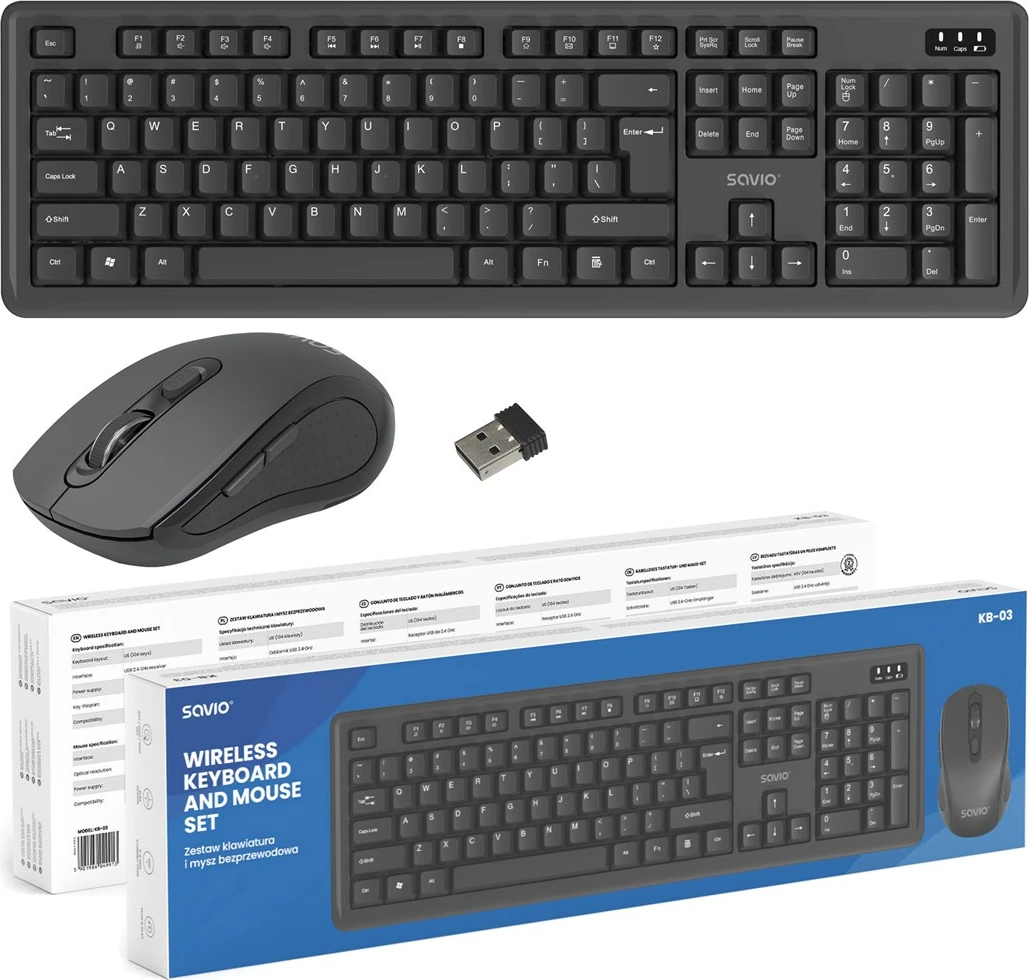 Set brezžične tipkovnice in miške Savio KB-03, USB, QWERTY, angleščina (ZDA), črn