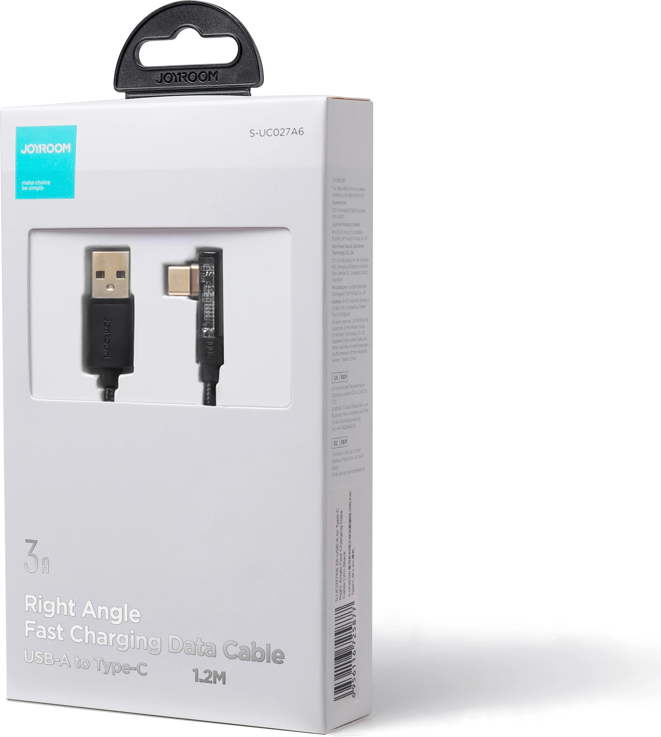 Kabel USB-C pod kotom 90°, Joyroom S-UC027A6, 1,2 m, 3A, črn