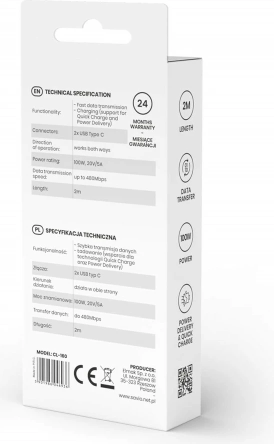 Kabel za hitro polnjenje USB C - USB C, 2 m, črn (Savio)