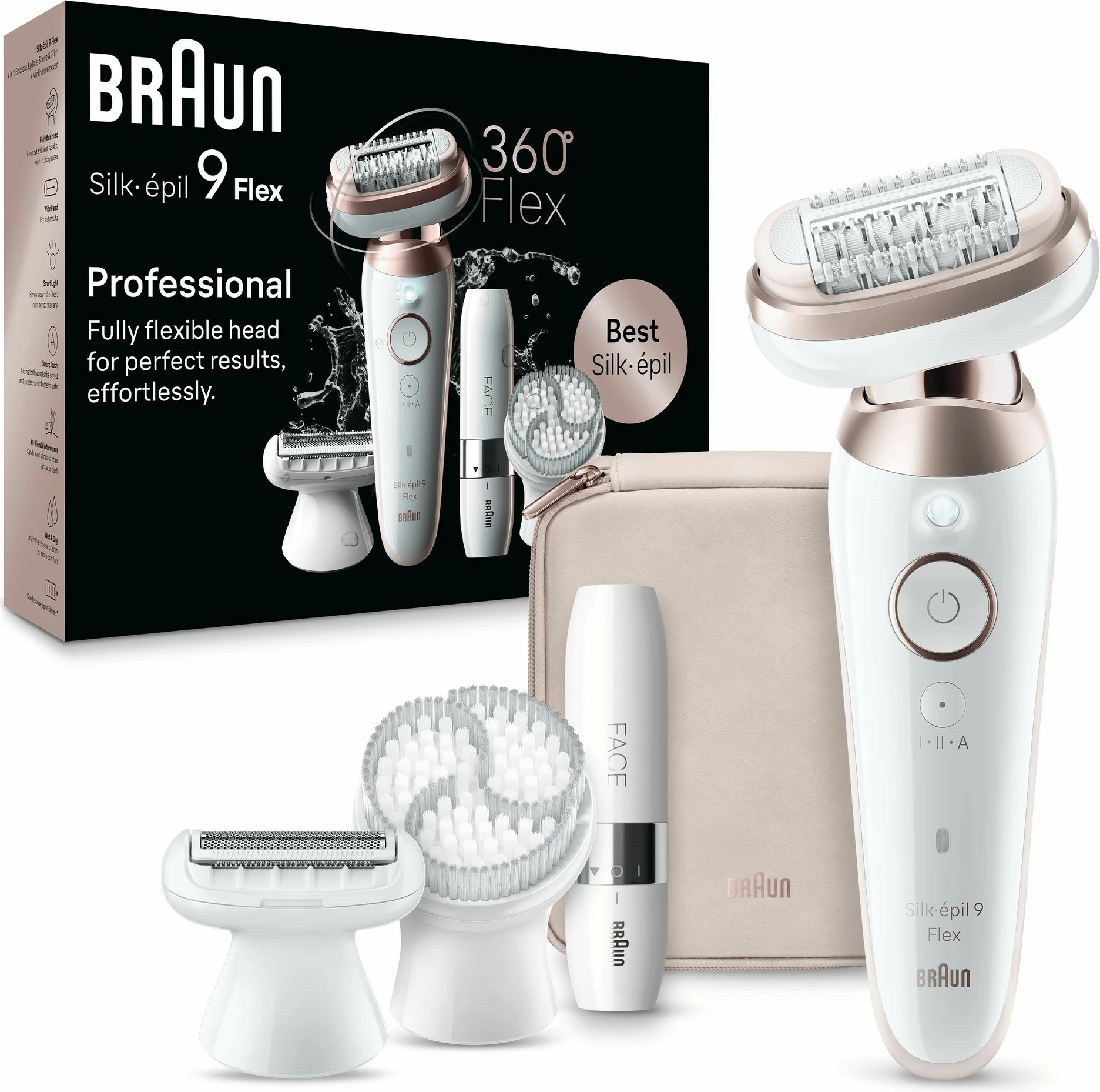 Epilator za gladko kožo Silk-épil 9 Flex 9-360 3D, 40 pincet, MicroGrip, 0,5 mm, bel/roza - Braun