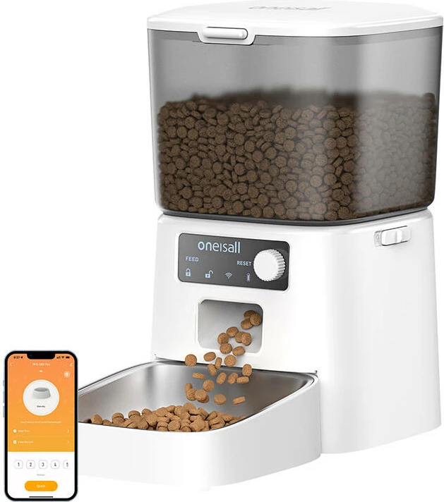Pametni avtomatski dozator hrane, Oneisall PFD001 Pro, 1,2 kg, do 6 obrokov/36 porcij, elektrika + baterije, bel